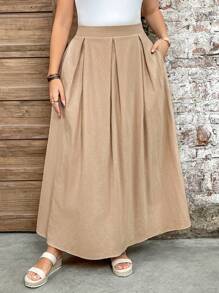 SHEIN LUNE تنورة بوهيمية بجيوب مطوية وشق، متعددة الاستخدامات بلون أحادي، مناسبة للمناسبات الكاجوال مثل عيد الفصح والحفلات الريفية والتخرج والصيف والغداء في عيد الأم والكنيسة، مقاسات كبيرة - لون مشمشي - مشاهدة 6