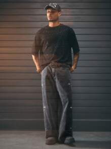 AXEPEAK Jeans de pierna recta larga para hombre con decoración de rhinestones, inspirado en el streetwear
