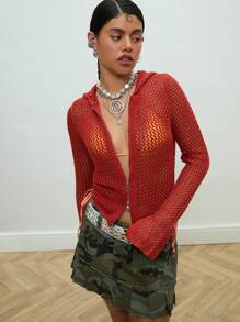 开放式针织连帽衫/女士夏季服装/夏季上衣/外出上衣/休闲/Y2K 复古 - 紅色 - 查看 2