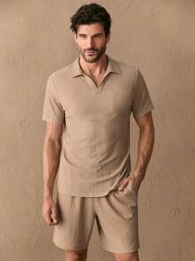 GENTILAND 2pcs/Set Men Casual Knit Jacquard Wavy Textured Fitted Short Sleeve Polo Shirt Set - Khaki - View 6