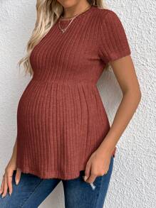 SHEIN Maternity Plain Round Neck Short Sleeve Ruffled Hem T-Shirt - Red - View 5