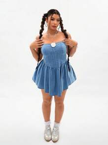 SHEIN ICON Plus Size Solid Color Sleeveless Denim Dress With 3D Floral Decor - Blue - View 1