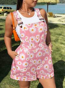 Flirla Plus Size Women Casual Daisy Printed Dungarees - Multicolor - View 5