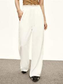 Rina Fox Women's Solid Color Lace Patchwork Pocket Elegant White Pants - White - View 4