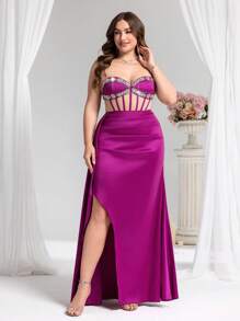 Coutiva Plus Size Sexy Elegant Rhinestone Decor Slit Front Strapless Party Dress,Woman Dress Western Dresses For Women Woman Easter Dress Prom Dresses For Woman Women Formal Gowns Woman Formal Plus
