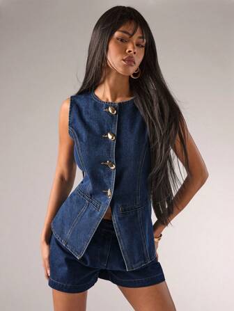 SHEIN BAE Short vaquero de moda casual con bolsillo con cremallera de color liso para mujer