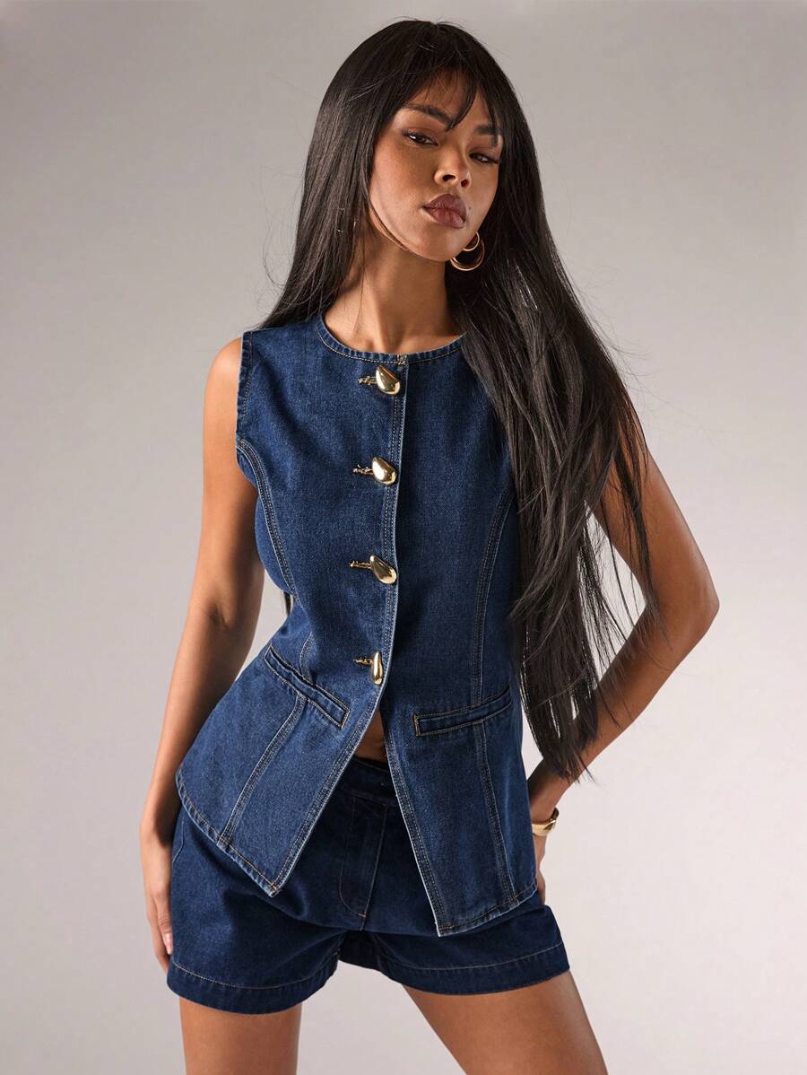 SHEIN BAE Quần short denim thời trang thường ngày có túi khóa kéo màu trơn dành cho nữ - Rửa tối - Xem 1