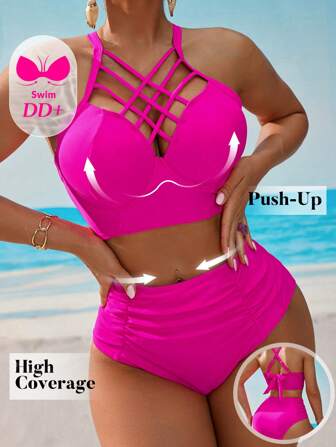 Swim DD+ 女士夏季海滩纯色交叉性感比基尼套装