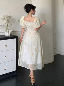 DAZY Mid-Length V-Neck Floral Print Puff Sleeve Belted Dress For Women,Ruffle - Beige - View 2