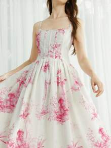 SHEIN LUNE 女士休闲花卉印花褶皱无袖连衣裙，适合通勤 - 粉色 - 查看 3