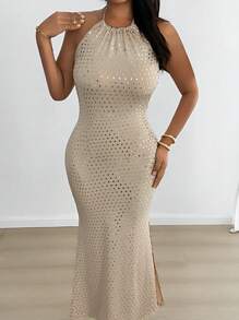 Flirla Abito aderente e ruched con paillettes, senza schienale e con collo a capestro - Cachi - Visualizzare 5