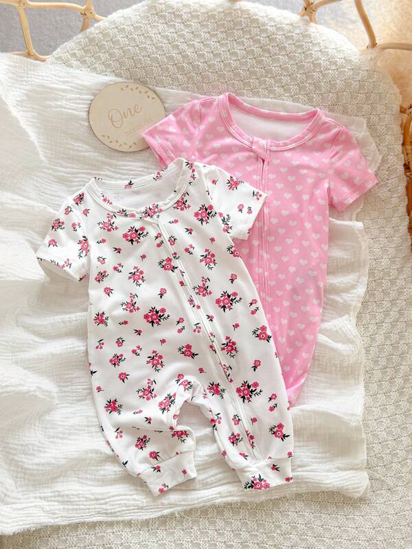 SHEIN 2pcs Newborn Baby Girls' Cute Heart Pattern & Ditsy Floral Long Sleeve Romper Set