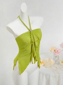 SHEIN ICON Áo nữ màu trơn thời trang xẻ tà bất đối xứng cổ yếm - màu xanh lá - Xem 3