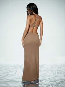 KIZN Maxikleid mit Ausschnitt und Ringdetail, Strandresort, hoher Schlitz, formelle Abendgarderobe, Sommer Glamour Abendkleid für Partys und Veranstaltungen - Khaki - Übersicht 2