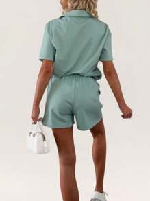INAWLY Set de 2 piezas con Top de manga corta con cuello y shorts con cordón - Verde - Ver 2