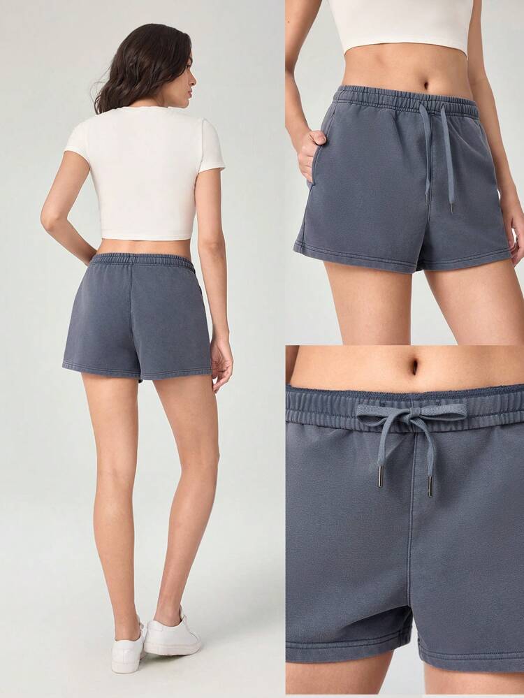 Spodenki dresowe z regulowanym ściągaczem w pasie Off-Duty Washed Foldover Terry z kieszeniami bocznymi, codzienne, swobodne ubranie