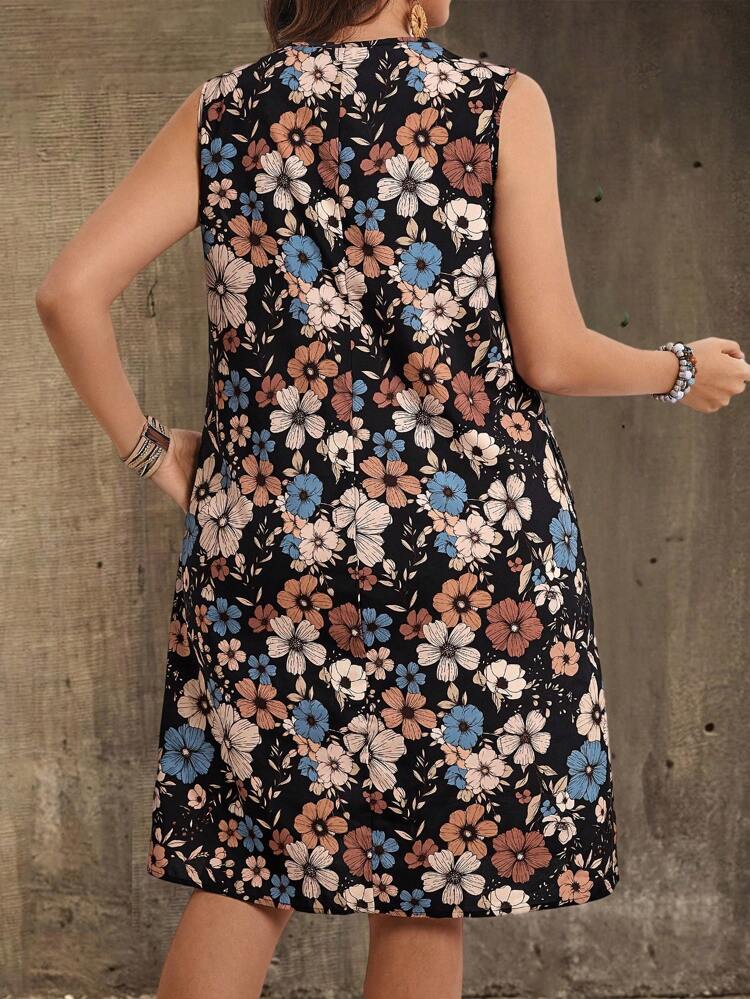 Plus Size Sleeveless Floral Print Casual Midi Dress, Simple And Fashion Style, Suitable For Summer,Casual Holiday Style, Casual Holiday Outfits, Summer Fashion, Women's Summer Outfits, Mother's Day Outfits, Country Concert Outfits, Women's Boho Outfits, Women's Western Outfits, Women's Holiday Outfits, Women Summer Clothing Women Plus Clothing Business Casual Woman S Summer Clothes Women Plus Clothing Formal