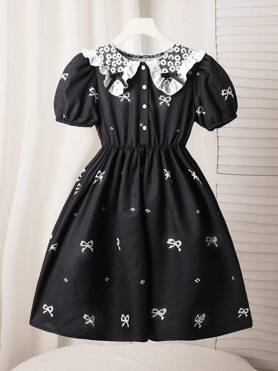 SHEIN 女童休闲蝴蝶结印花翻领宽松舒适连衣裙 - 黑色 - 查看 1