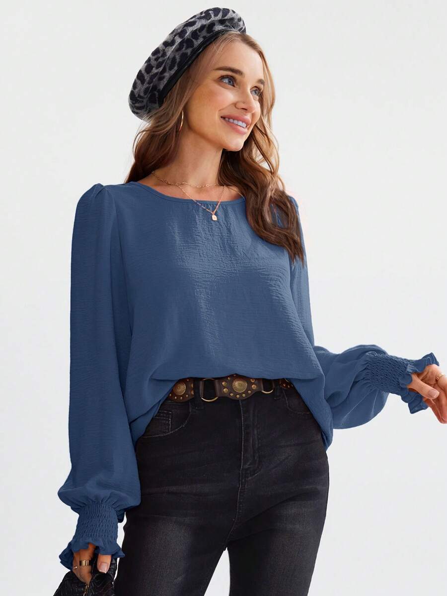EMERY ROSE Round Neck Solid Smocked Flare Cuff Blouse - Blue - View 1