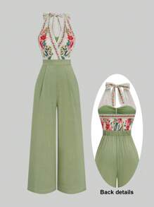 Celure Plus-size rozenprint contrasterende kleur strik voorkant elegante romantische wijde pijpen jumpsuit, nieuwe editie, Valentijnsdag