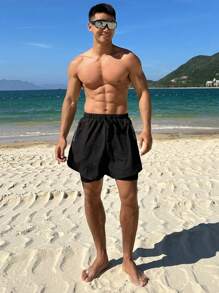 DAZY Men's Black Letter Print 2 In 1 Beach Shorts, Summer - Black - View 3