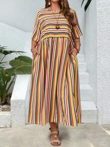 EMERY ROSE Plus Size Women's Casual Short-Sleeved Striped Ripped Waist Double Pocket Dress, A Gift For Mom, Vacation Style, Spring Break Casual Wear, Spring/Summer Bohemian Loose Country Concert Outfit, Bohemian Fashion. - Multicolor - View 4