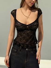 Aloruh Top corto sexy con cuello bajo, mangas cortas y plisado para mujeres - Negro - Ver 4