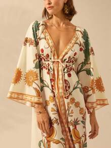 CAJUNI 女式波西米亚风热带花卉和鹦鹉印花节日休闲灯笼袖长袖 V 领露背连衣裙 - 彩色 - 查看 7