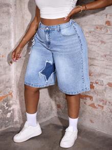 Slaydiva Plus Size Denim Casual Loose Shorts, Star Pattern, Blue Summer Vacation Cowgirl Western Wear Women Business Casual Woman Festival Airport Graduation Ibiza Beach Hawaii Concert Boho Rave Rave Festival Coachella Y2k Women Cowboy Streetwear Gyaru 2000s Disco Mother Day Happy Mother Day