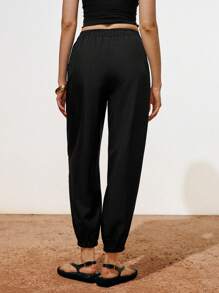 Lumivelle Pantalones largos casuales diarios de mujer con cintura con cordón y bolsillo oblicuo de unicolor