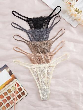 5pcs/Set Sexy Lace Women G-String Underwear, Comfortable Panties