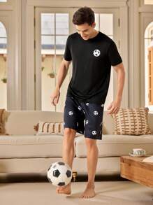 2pcs/Set Men's Basketball Print Short Sleeve Top And Shorts Pajama Set - Black - View 5