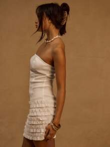 MUSERA Fitted Bodycon Bandeau Frilled Dress Ibiza Outfit, Holiday, Spring, Summer, Vacation, Beach Concert - White - View 2