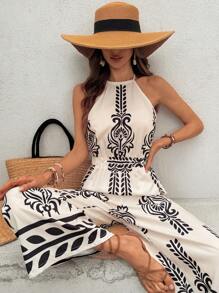 SHEIN Frenchy Women's Vacation Boho Botanical Print Wide Leg Casual Neck Halter Jumpsuit Everyday Vacation Wear Summer Outfits For Women Vacation Outfits Women Rompers For Women Chic Holiday Resort - Multicolor - View 3