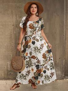 EMERY ROSE 大码女式夏季乡村度假圆领短袖花卉印花连衣裙 - 彩色 - 查看 7