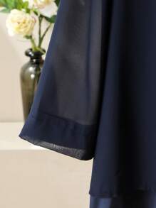 Lacomfia Elegant Solid Color Chiffon Loose Round Neck 3/4 Sleeve Blouse And Elastic Waist Pants 2 Pieces Set, Plus Size, Spring/Summer - Navy Blue - View 5