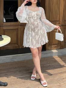 Dazy Plus Plus Size Lace Patchwork Square Collar Flare Sleeve Fitted Short Dress,Fall Dress Long Sleeve Dress