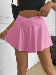 SHEIN EZwear Váy quần short lưng chữ V màu trơn đơn giản mùa hè - Hồng - Xem 4