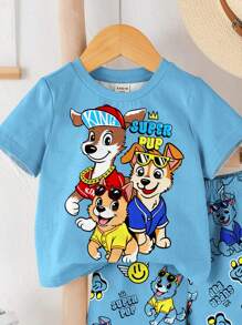SHEIN 2pcs/Set Baby Boy Casual Cartoon Pattern Round Neck Short Sleeve T-Shirt And Shorts Set, Suitable For Summer - Multicolor - View 4
