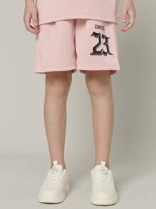SHEIN Tween Girl 2pcs/Set Contrast Color Letter & Bow Print Short Sleeve T-Shirt And Shorts - Pink - View 8