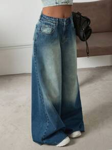 高腰阔腿 Y2K 风格宽松牛仔裤 - 中等水洗藍 - 查看 4