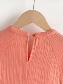 SHEIN Young Girls V-Neck Tassel Pleated Puff Sleeve Loose Blouse, Casual Style Mori Girl Dress - Coral Pink - View 9