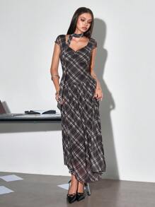 ROMWE J-Fashion Y2K Korean Cute Plaid Pattern Ootd Mesh Dress