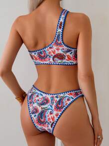 SHEIN Random Printed Sexy One-Shoulder Design 2 Pieces Bikini Set For Women, Summer - Multicolor - View 2