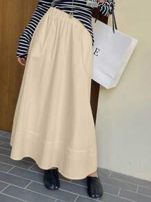 DAZY 女士纯色弹力腰休闲度假半身裙，适合夏季穿着 - 米色 - 查看 6