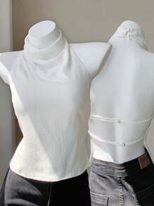 Comfortcana Top a camicia da donna in lino senza schienale, con spalline a spaghetti, ideale per le vacanze estive