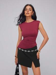 Roylia Women's Sexy Slim Fit Ruched Shoulder T-Shirt, Round Neck, Summer - Red - View 3