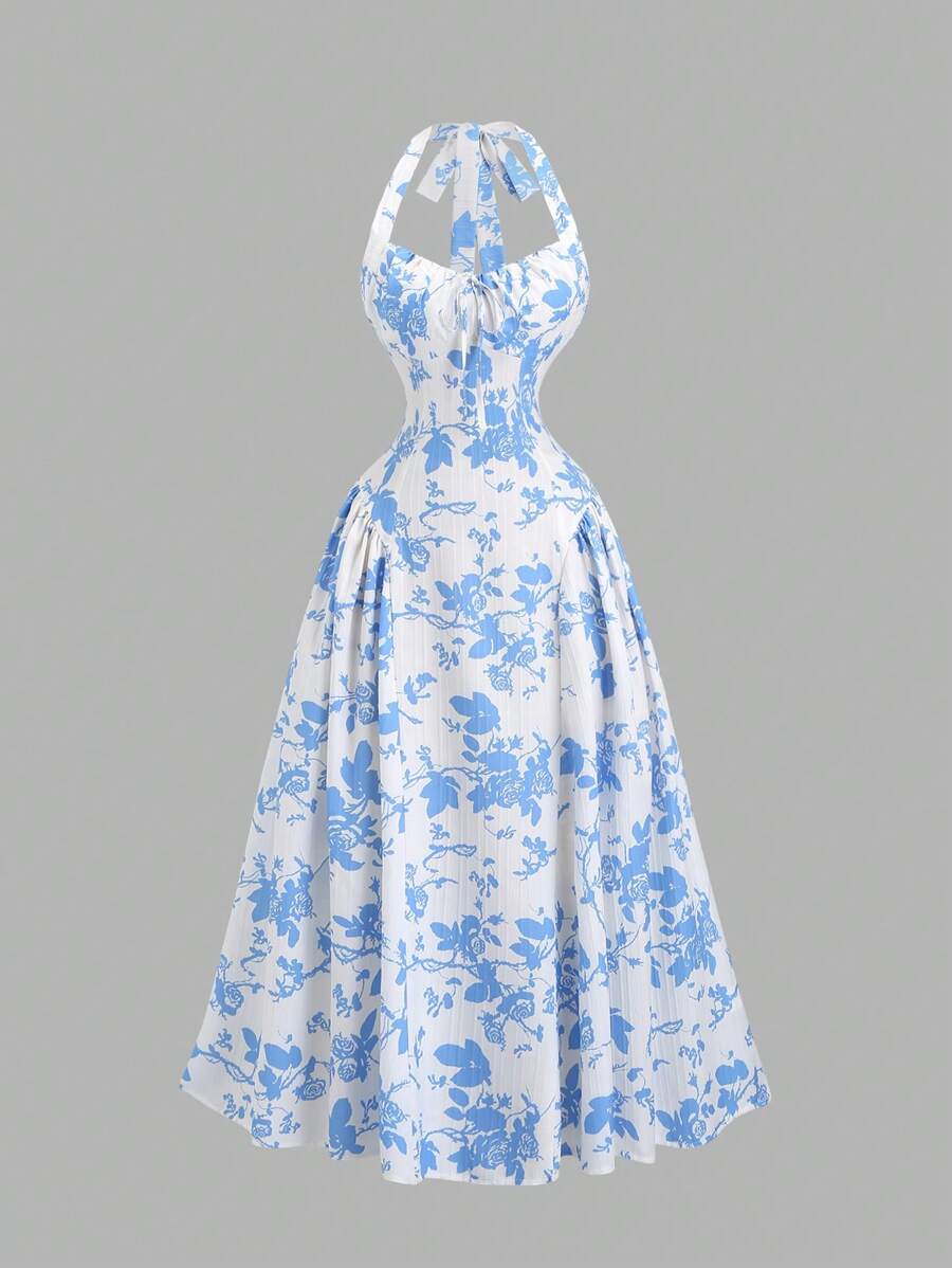 Sweetra Women's New Floral Print A-Line Dress, Elegant Sleeveless Neck Tie Waist Flared Hem Dress For Spring/Summer, Suitable For Party, Vacation, Brunch, New Year's Eve, Valentine's Day, Holiday - Multicolor - View 1