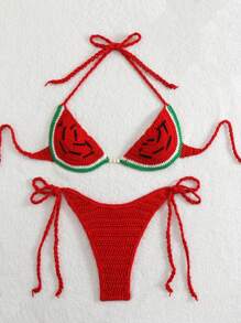 Swim Mod 女士西瓜钩针比基尼罩衫套装，适合度假 - 彩色 - 查看 2