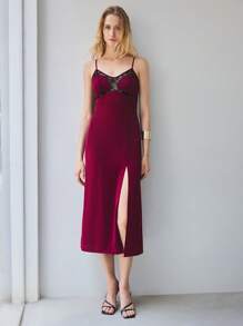 Maija Purple-Red And Black Lace Patchwork Design Sling Open Slit Sexy Mid-Length Dress For Women, Elegant Quality, Versatile For Spring/Summer, Festivals And Parties